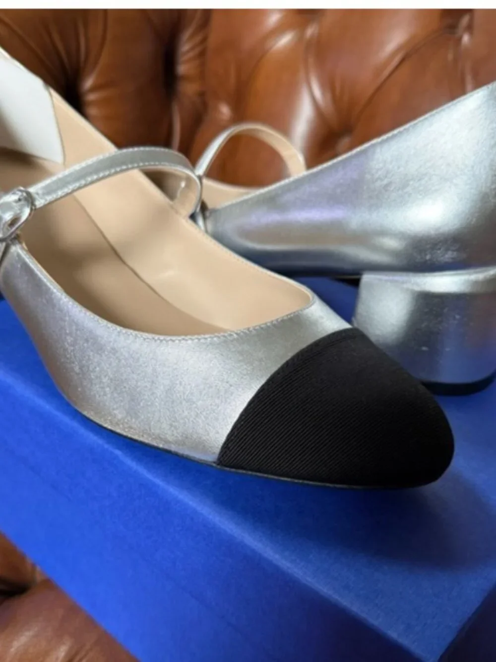 Stuart Weitzman Silver Mary Jane Pumps with Black Cap Toe 8.5